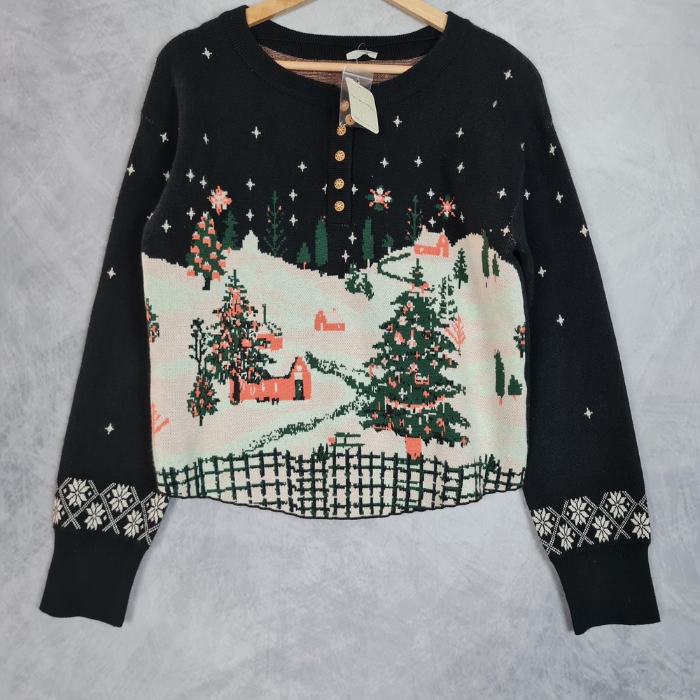 Free People Sweater Womens Medium Black Dream Whispers Henley Fair Isle Lounge